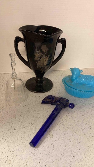 black glass vase sheep on nest blue glass, fostoria Navarre bell, blue glass Indian tomahawk