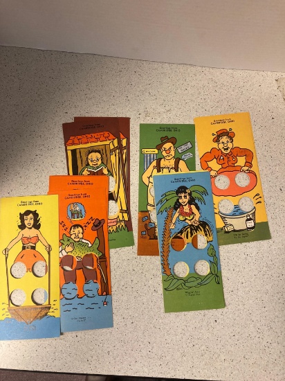 TWELVE KNEE action novelty cards hula dancer girl and boat man with fish old lady magazine stand man