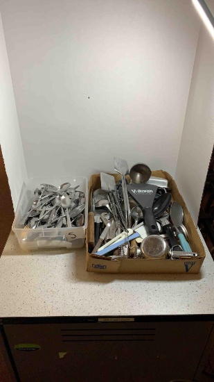 Kitchen utensils, stainless steel forks, spoons, and knives, some Oneida, measuring cups, ice cream