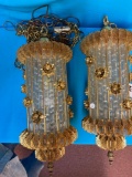 Mid century BoHo chic Hollywood Regency pair glass and brass filagree swag lights 24 inches high 24