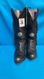 find size Fringe cowboy boots made in USA leather, looks like Harley Davidson symbol