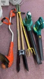 weed eater, two electric blowers, post hole digger