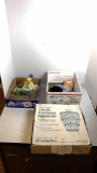 Crystal semi flush chandelier, box of art glass, watch, 2 piggy banks, paperweights
