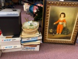 framed art , lightbulbs, files , envelopes