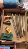 Shotgun shells, .22 caliber ammo, Winchester .22 cal empty box, gun cleaning sticks