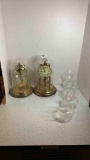 2 Anniversary clocks and 4 glass oil lamp shades