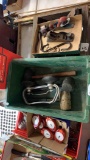 Window washing suction cup holder, rubber mallets, planes, metal bowl