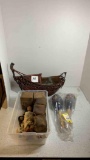 Planter with a copper liner, maracas, leather pouches, 2 little dolls