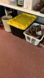Miscellaneous garage tools, empty tote, garbage bin, clamp light with foldable arm