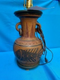 Lamp decorated ceramic primitive urn incised and painted with fish motif