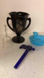 black glass vase sheep on nest blue glass, fostoria Navarre bell, blue glass Indian tomahawk