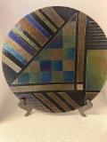 Art glass charger signed 18 inch diameter with stand