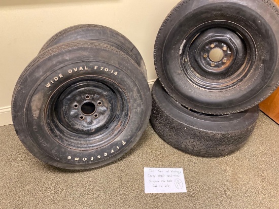 full set of vintage Chevy wheels and tires Firestone wide ovals good life left