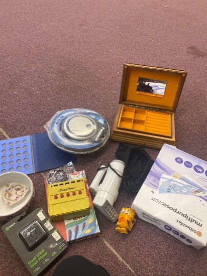 lot of random items, printer paper, poker game, USB, wall plate, empty jewelry, box, and