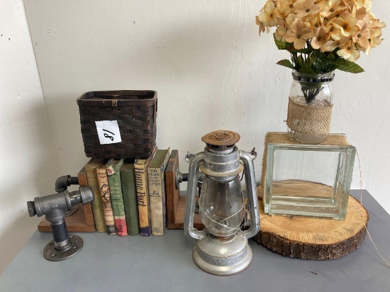 industrial pipe decor books oil lamp