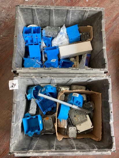 two totes electrical parts boxes and breakers