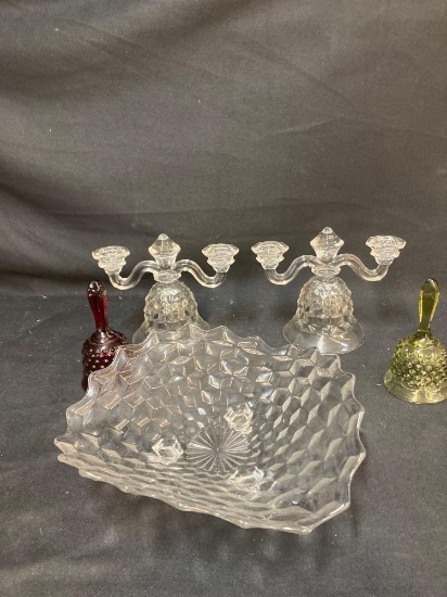 Glass candle sticks glass compote colored glass bells