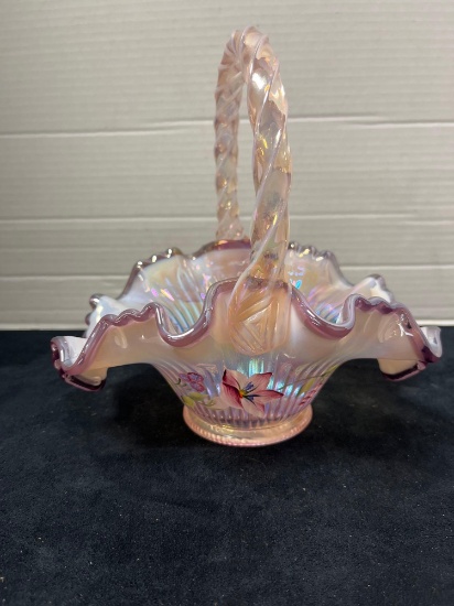 Fenton Ribbon Candy basket Iridescent opalescent hummingbird and morning glory signed Bill Fenton