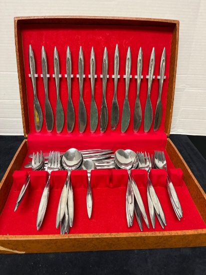 Mid Century Modern stainless flatware in chest