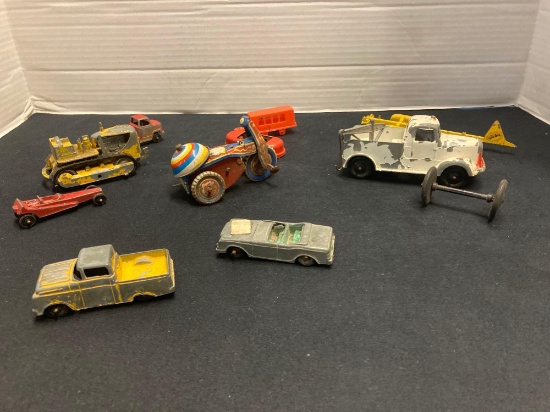 vintage toy cars bulldozer tow truck boat trailer