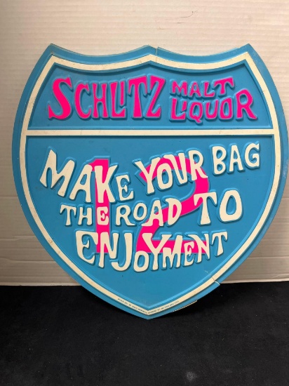 vintage 1972 Schlitz malt liquor hippie, psychedelic sign, Make Your Bag The Road To Enjoy 16 inches