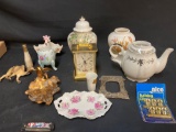 porcelain teapot small mantle clock porcelain cover dishes wooden mallet vintage kitchen
