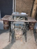 antique singer sewing cabinet with tablesaw mounted