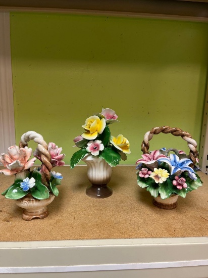 3 Capodimonte porcelain baskets and vase one has damage