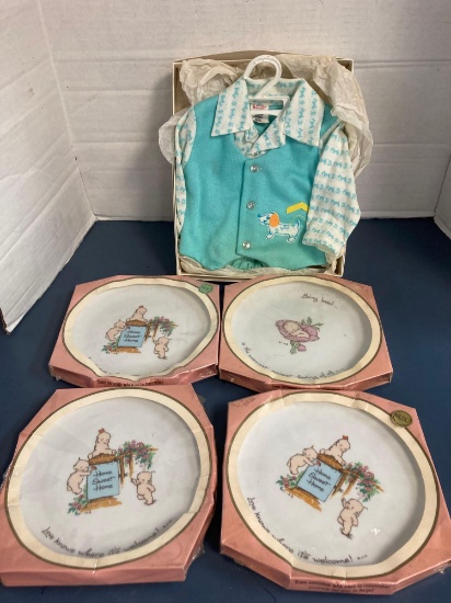4 new old stock Kewpie plates and a vintage boys Sears outfit