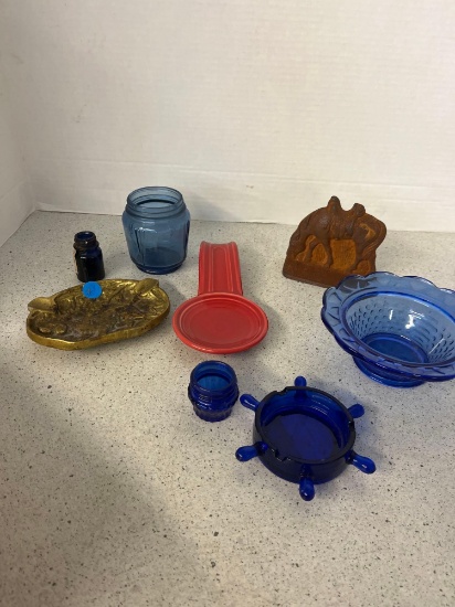 Mixed lot cobalt ashtray toothpick and candy dish single horse book end Fiesta jars spoon rest and