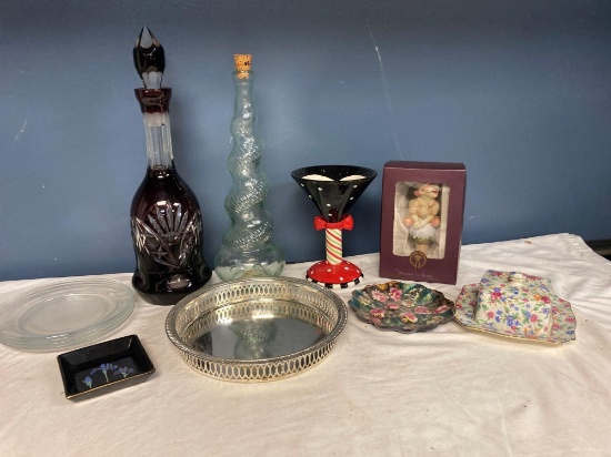 Bohemian Ruby cut to clear crystal decanter plus Royal Winton chins dish and other items