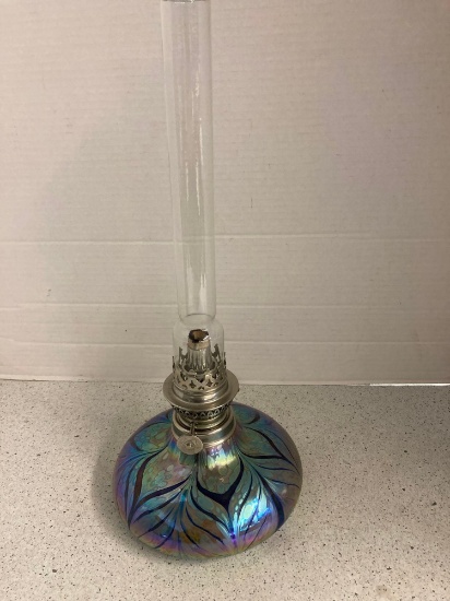 iridescent art glass oil lamp