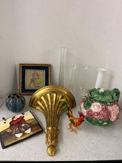 Mixed lot 4 Bud vases art glass rooster gold gilded wall shelf golfer on slate cross stitch picture