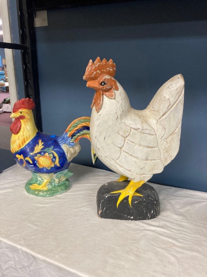 Two decorative chickens one porcelain one wood