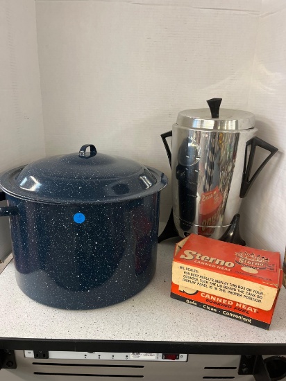 mixed lot electric 30 cup coffee pot box of Sterno canned heat large soup pot and two muffin tins