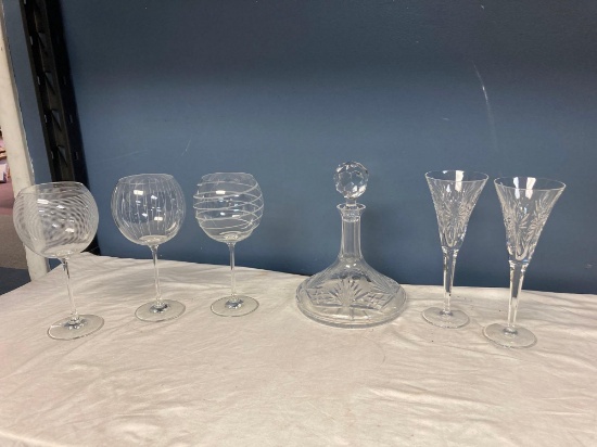 2 Waterford Crystal flutes 3 Mikasa goblets and a vintage crystal decanter