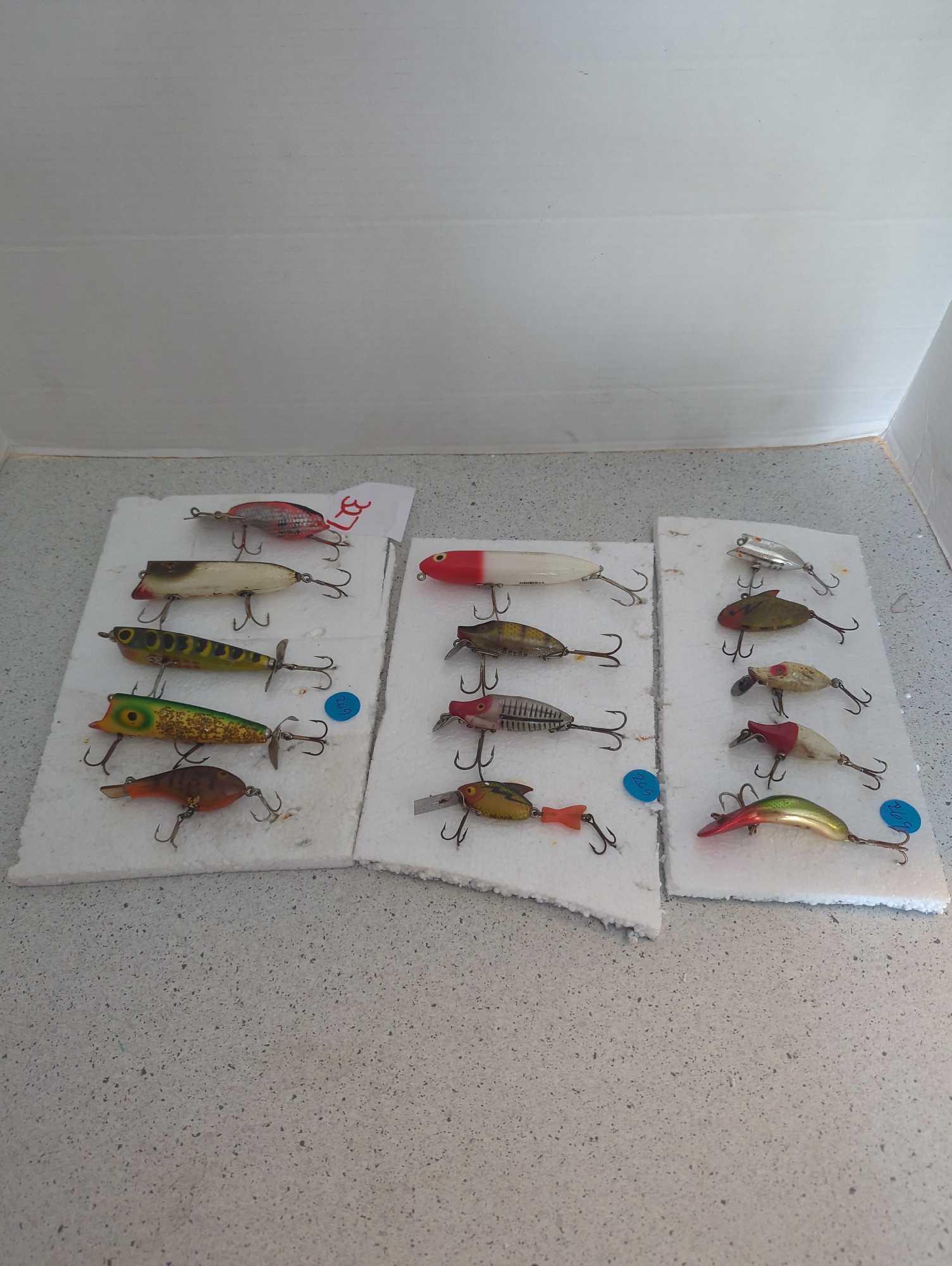 14 Vintage fishing lures, wooden and plastic