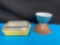 Pyrex lot yellow refrigerator dish with lid blue and brown bowls