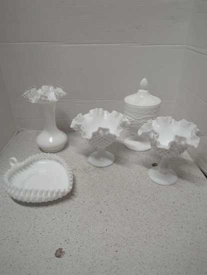Milk Glass- Fenton and Imperial Glass ribbon crest base, covered candy dish, hobnail