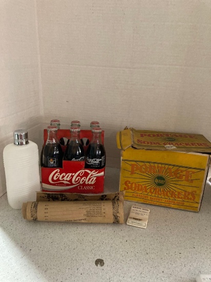 Cleveland Cavs Coke bottles Portage soda crackers box Farnsworth House Inn menu and vintage bandaids