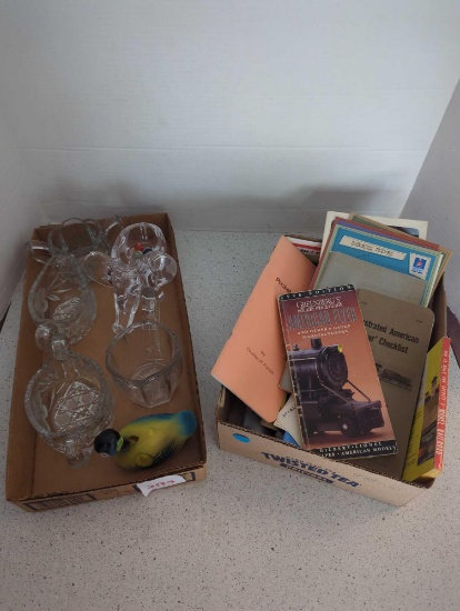 flat of clear glass- gravy boat, creamer, elephant candy dish and aircraft books, railroad model
