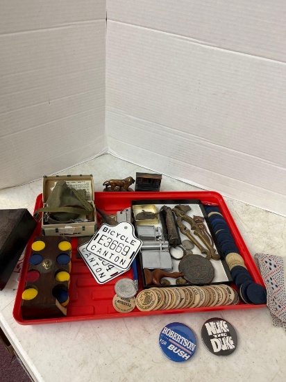 Mixed lot wooden nickels poker chips old dog tags bicycle plates lighters watch