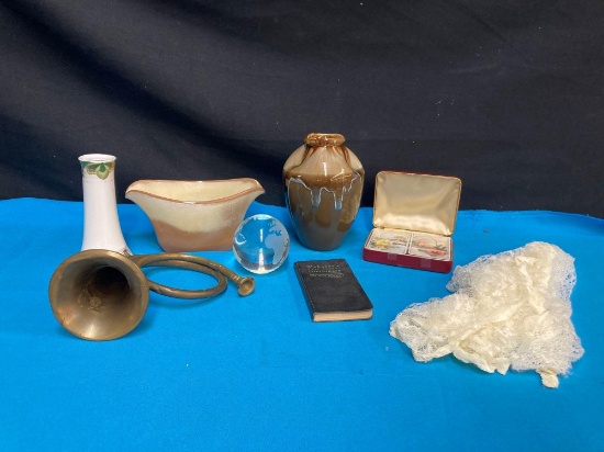 Paperweight cards hat pin holder brass horn Frankoma etc
