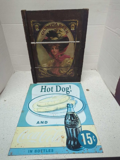 2 vintage signs- coke hot dog and wooden Olympia brewing co