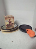 3 cast iron pans- one National, Nordic Ware sizzler server steak plate with wood tray