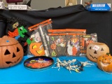Halloween lot large heavy terra cotta pumpkin General Foam basket other fun items