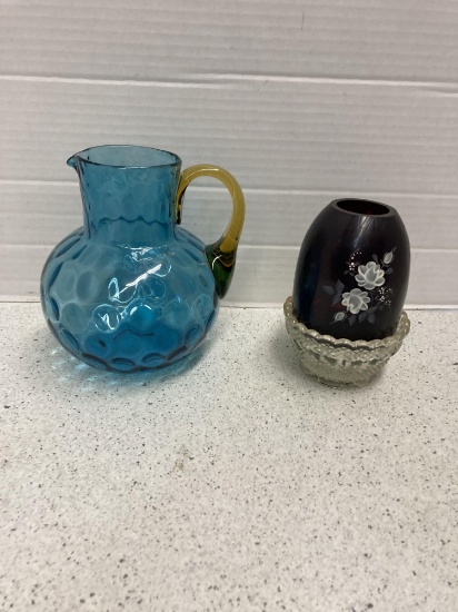 Fenton two tone pitcher and Fenton fairy lamp