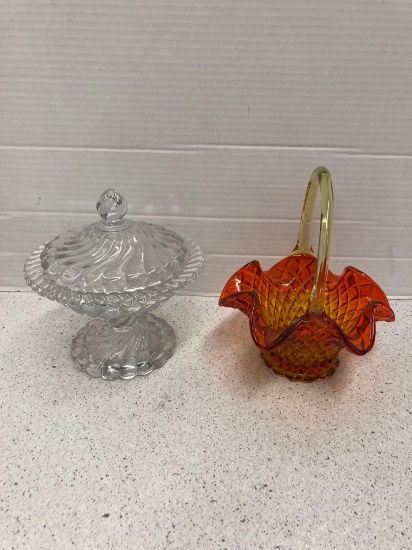 Fostoria Colony candy jar and Fenton Amberina dish
