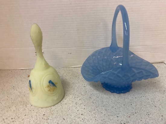 satin blue vintage basket Fenton bluebird bell artist signed