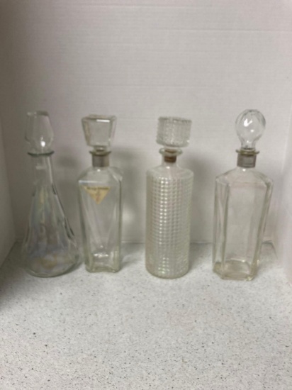 9 vintage decanters and crock mustard pots